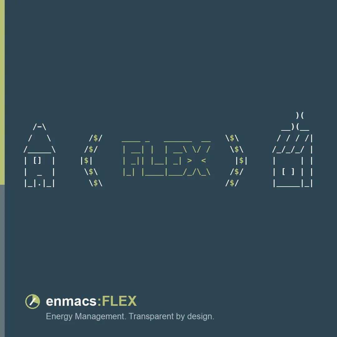 ASCII-Grafik: mehrere Standorte, deren Energieflüsse in einer gemeinsamen enmacs:FLEX-Sicht zusammenlaufen.